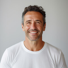 Fototapeta premium Portrait of a Happy Man Smiling Under Studio Lights. Bright expression and positive energy . Perfect for concepts of joy, confidence, and optimism.