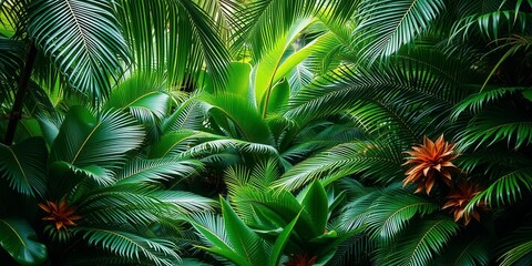 Tropical palm leaves with vibrant green colors and jagged edges, creating a lush and exotic atmosphere, nature, tropical, tropical vacation