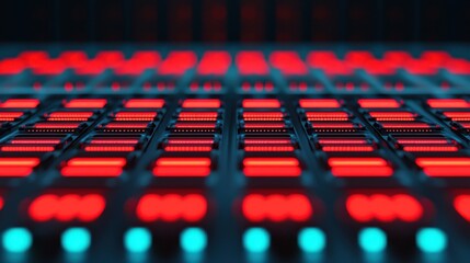 A close-up view of a colorful audio mixing board, showcasing vibrant red and blue buttons, creating a visually striking and dynamic appearance.