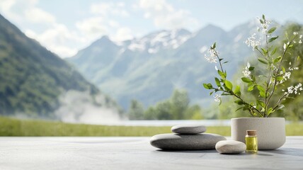 Spa retreat oils concept. Serene nature scene with stones, essential oil, and a plant.