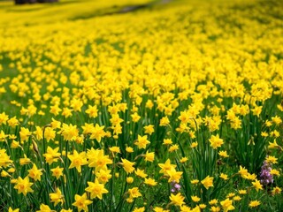 Obraz premium Vibrant daffodil flowers blooming in a sunlit field, landscape, meadow