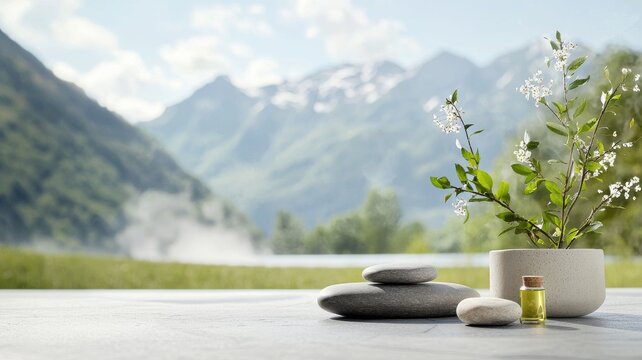 Spa retreat oils concept. Serene nature scene with stones, essential oil, and a plant.