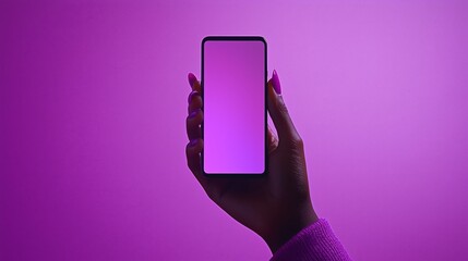 Hand Holding Mobile Phone Against Vibrant Purple Background