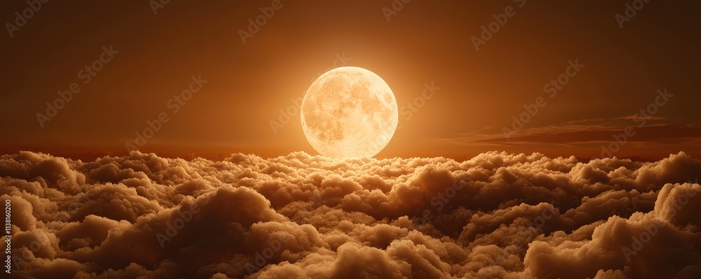 Poster a stunning sunset view of a large moon rising above soft clouds, creating a warm and serene atmosphe