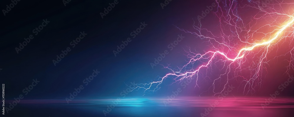 Poster a vibrant image showcasing colorful lightning strikes against a dark backdrop, creating a dramatic a