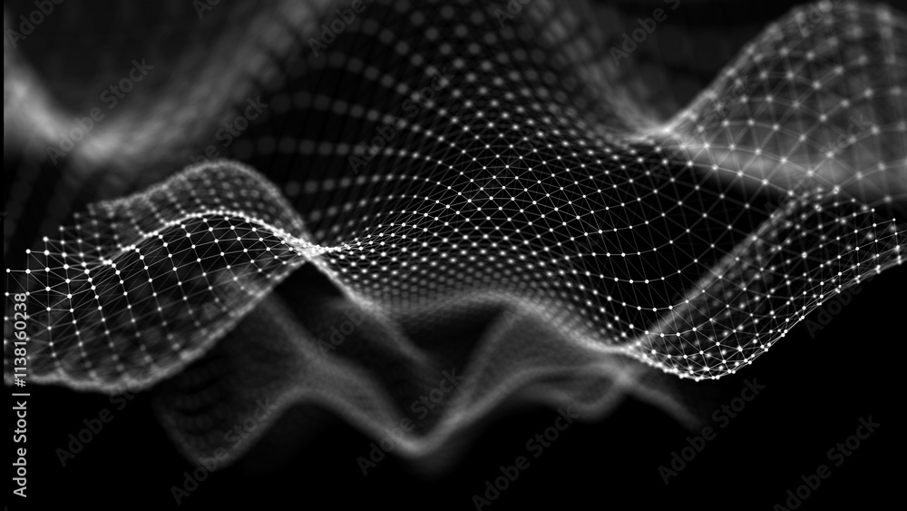 Poster abstract wave. interweaving of dots and lines on a black background. big data. 3d rendering.