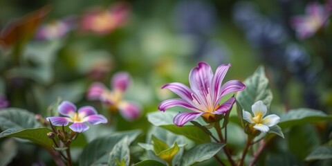 Obraz premium Vibrant purple flower petals and leaves in a close-up shot with soft focus background, floral, garden
