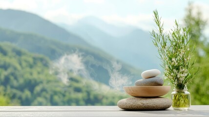 Spa retreat oils concept. Serene spa setting with stones, greenery, and mountains in the background.