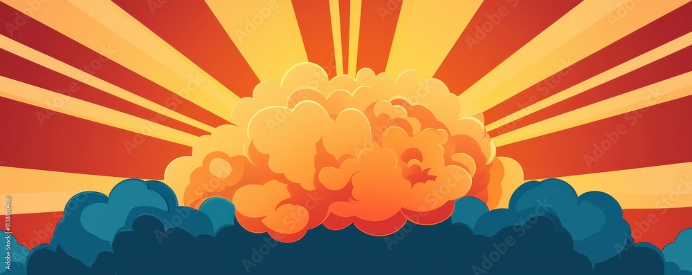 Poster a vibrant explosion with colorful rays emanating from a central cloud, symbolizing power and energy.