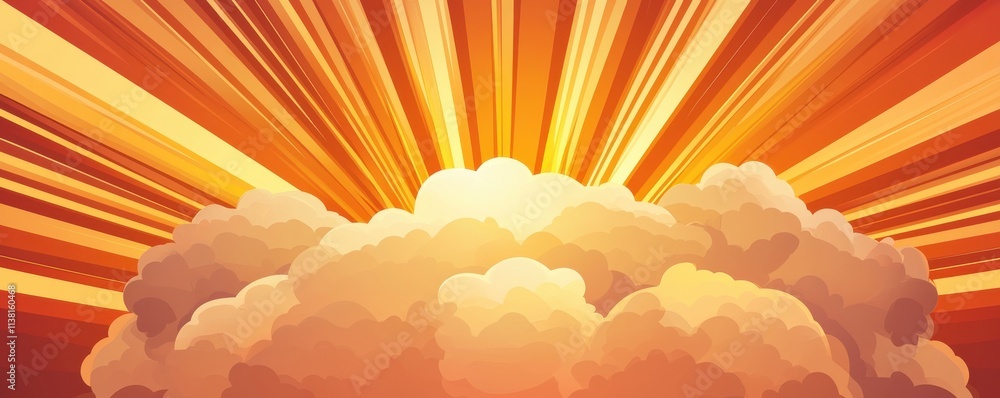 Poster a vibrant sunset scene with rays of light shining through fluffy clouds, creating a warm and invitin