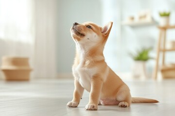 Puppy training concept featuring obedience class techniques. Corgi puppy sitting indoors, looking up curiously