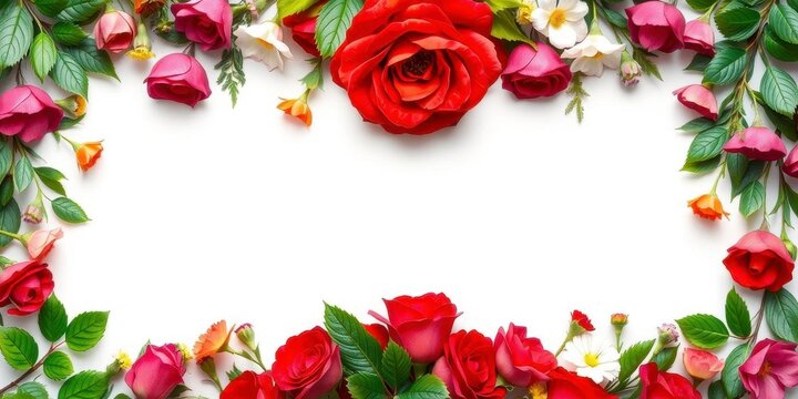 Beautiful frame made of fresh red rose flowers and green leaves, vibrant, green, border