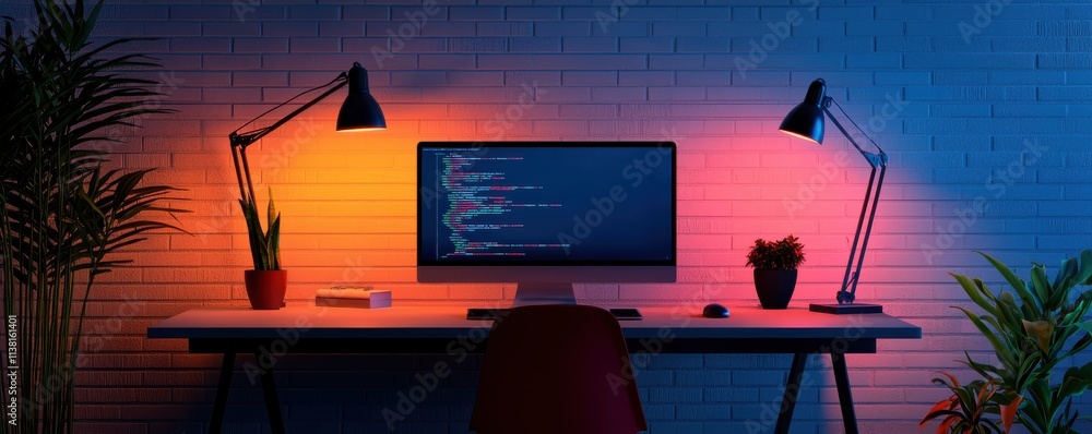 Poster a modern workspace featuring a computer on a desk, illuminated by colorful lights, with desk lamps a