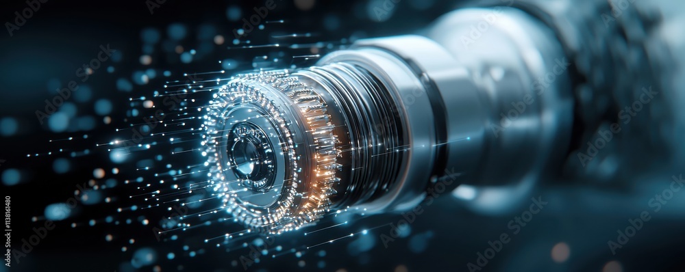 Poster a close-up of a metallic nozzle emitting shimmering particles, showcasing a blend of technology and 