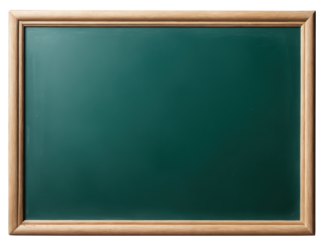 Empty green chalkboard with wooden frame, isolated on transparent background. AI generated.