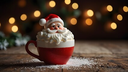 Christmas coffee cup with milk foam Santa Claus. Christmas latte art. Cozy atmosphere. Holiday background with copy space. Christmas and New Year cappuccino coffee