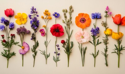 Obraz premium Collection of flat herbarium colourful wildflowers on background, wildflowers, colourful, flat lay, herbarium, collection