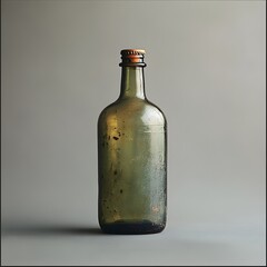 A weathered green glass bottle stands alone against a neutral background