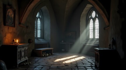 A Gothic style dungeon, narrow windows, rough furniture, a feeling of oppression and the weight of time