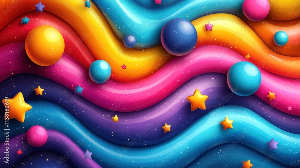 Poster colorful waves with floating spheres and stars in a whimsical abstract design for creative projects 