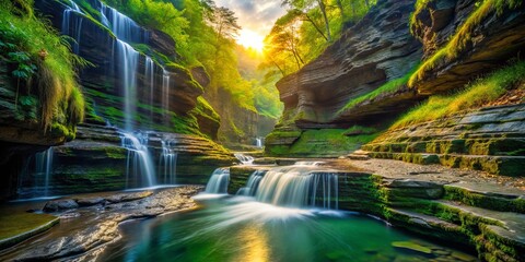 Watkins Glen Waterfall, Stunning Gorge Views, New York State Park Photography, Cascading Water, Lush Greenery, Rock Formations, Worm's Eye View