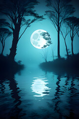 Illustration of Full Moon Reflection on Calm Water in Forest Night Scene
