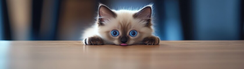 A playful kitten with striking blue eyes peeking over a wooden table, full of curiosity.