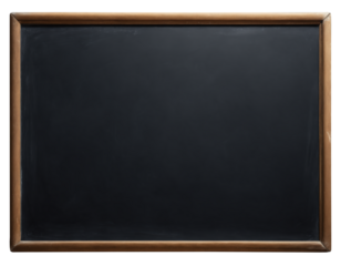 Empty black chalkboard with wooden frame, isolated on transparent background. AI generated.