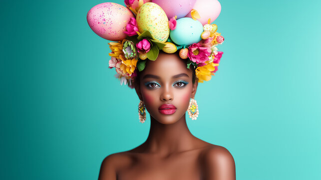 A model shows off a vibrant spring look with colorful flowers and Easter eggs in her hair, full of charm