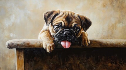 A playful pug dog resting its chin on a wooden table, showing a charming facial expression.