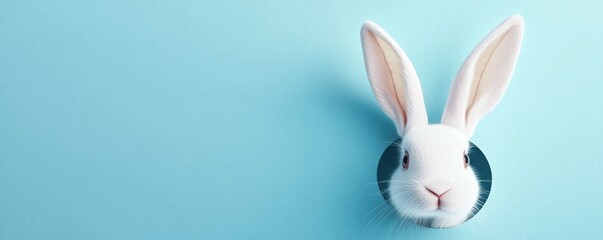 Fototapeta premium Easter bunny ears sticking out of a hole on a pastel blue background with copy space, a banner design