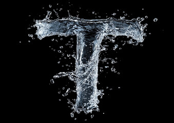 Fototapeta premium Water splash in the shape of a T, isolated on a black background