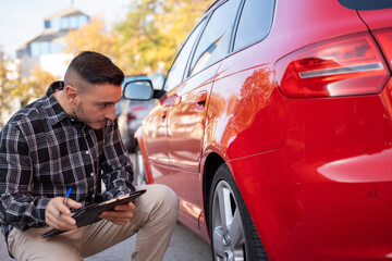 Insurance agent crouching next to a damaged red car, taking notes on a clipboard for the accident report