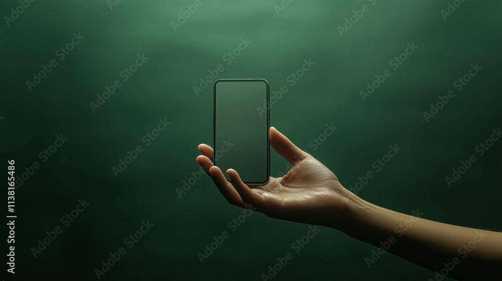 Poster hand holding blank smartphone on green background for display use