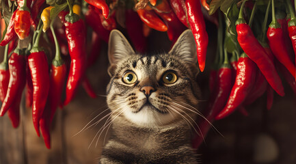 A curious cat gazes up at vibrant red chili peppers hanging above, creating a striking and whimsical contrast in this playful scene.