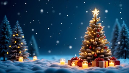 christmas tree with gifts and decorations with night sky