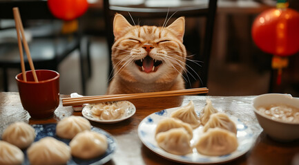 A cheerful cat sits at a table filled with dumplings, smiling happily while holding chopsticks, creating a delightful dining scene.