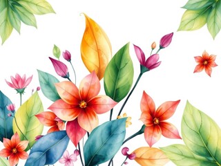 Lush colorful flowers painted in watercolor style on white background, illustration, artistic, leaves