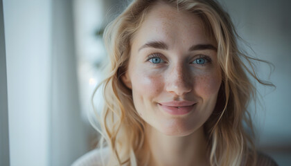 Radiant Woman Smiling in Natural Sunlight. A portrait of confidence, warmth, and timeless beauty by the window.  Lifestyle, diversity, and empowerment campaigns.