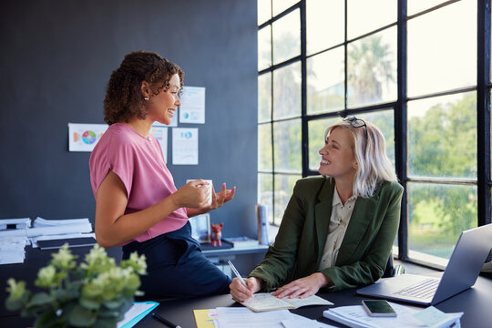 Businesswoman in friendly conversation with female boss