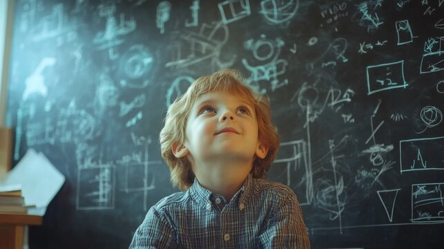 intelligent elementary school kid solving maths problem on chalkboard at classroom, concept of talented, brilliant student and education