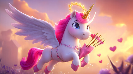 A whimsical winged unicorn with a pink mane and halo flies through a dreamy landscape, surrounded by hearts and pastel colors.