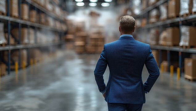 businessman in a blue suit, standing with his back to the camera and watching the blurred warehouse with boxes in the background