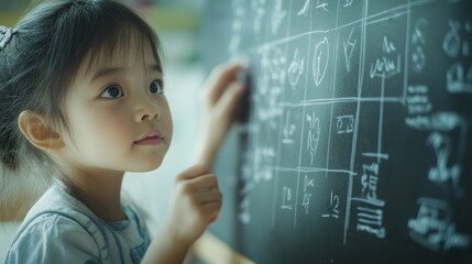 intelligent elementary school kid solving maths problem on chalkboard at classroom, concept of talented, brilliant student and education
