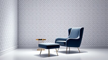Modern Minimalist Room, Armchair, Side Table, White Patterned Wall - 3D Rendering