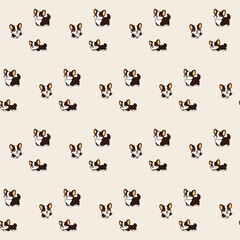 Small Cute Corgi Dog Cartoon Character Seamless Pattern Background. Adorable Domestic Pet Puppy Animal Textile Childish Print. Baby Gift Wrapping Paper Decoration Design. Kawaii Dog Portrait. 