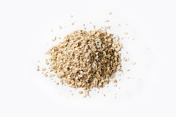 Pile of oat flakes on white background. Delicious and healthy breakfast.