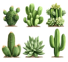 Fototapeta premium Six Different Types Of Green Cacti And Succulents