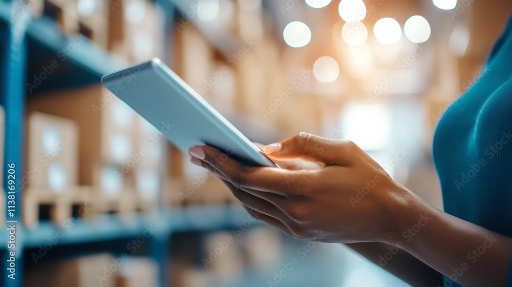 Poster efficient logistics manager using tablet in warehouse setting
