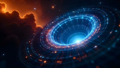 Obraz premium A glowing blue vortex or portal with concentric rings and lines of digital data or code, positioned against a dark cosmic landscape with swirling nebulae, enhancing the sensation of depth